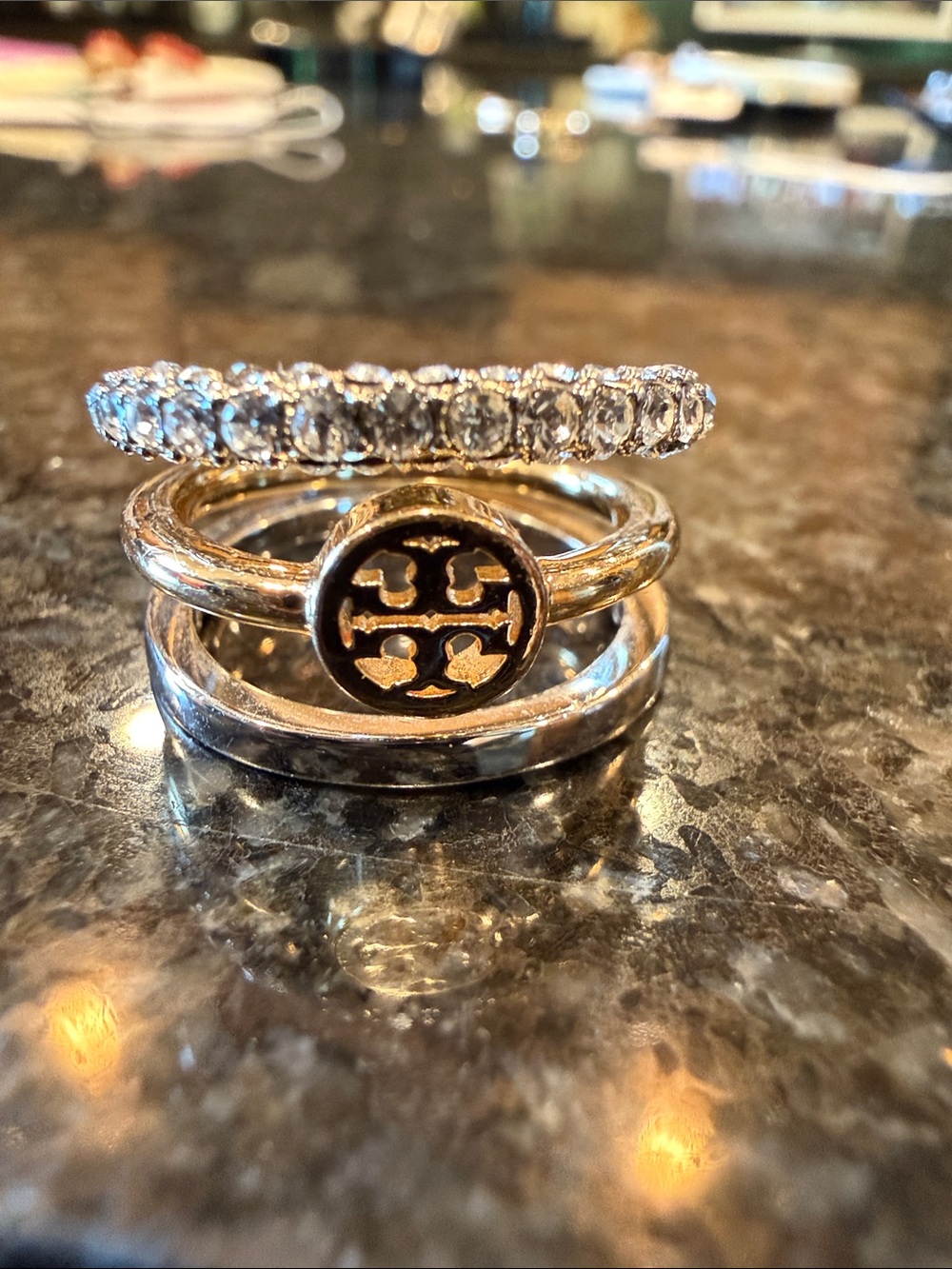 Tory Burch Gold-Tone Triple Stack Ring Set with Clear Crystal Band